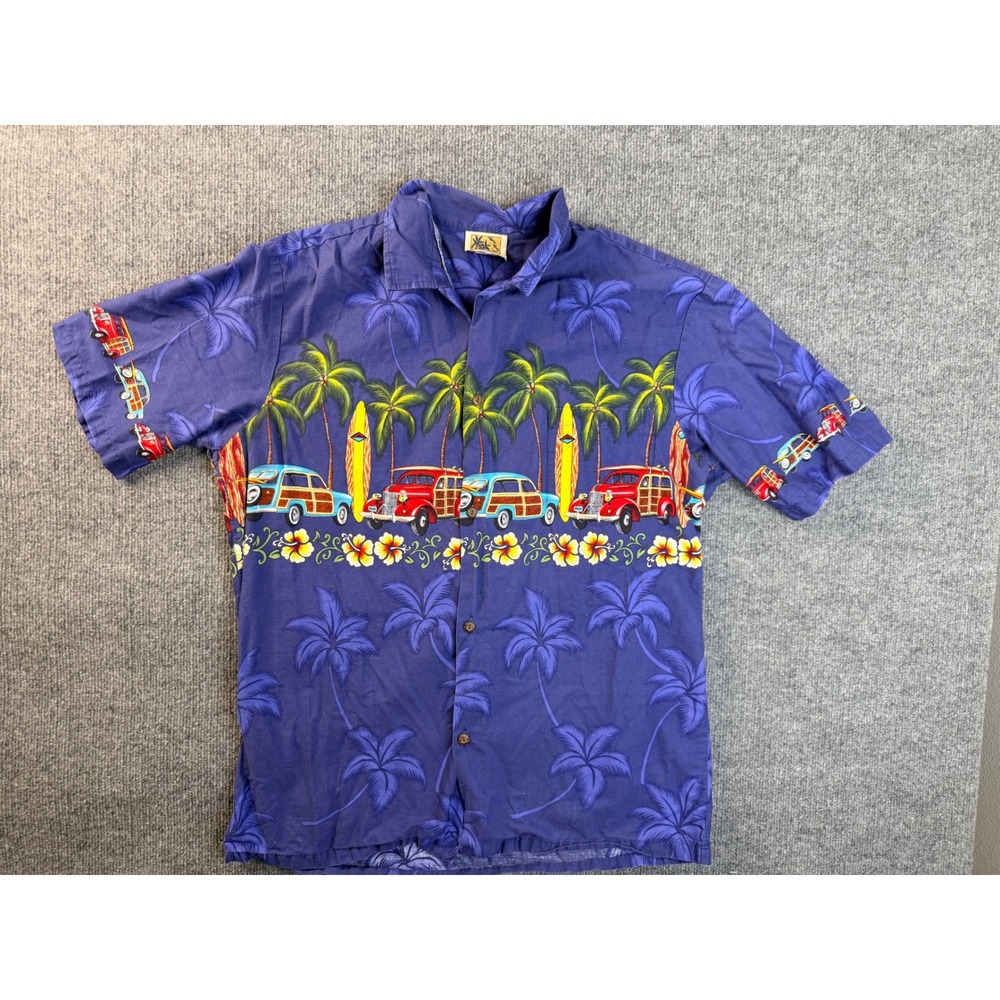 Vintage Winnie Fashion Hawaiian Shirt XL Blue Cotton Woodie Car Made in USA Mens